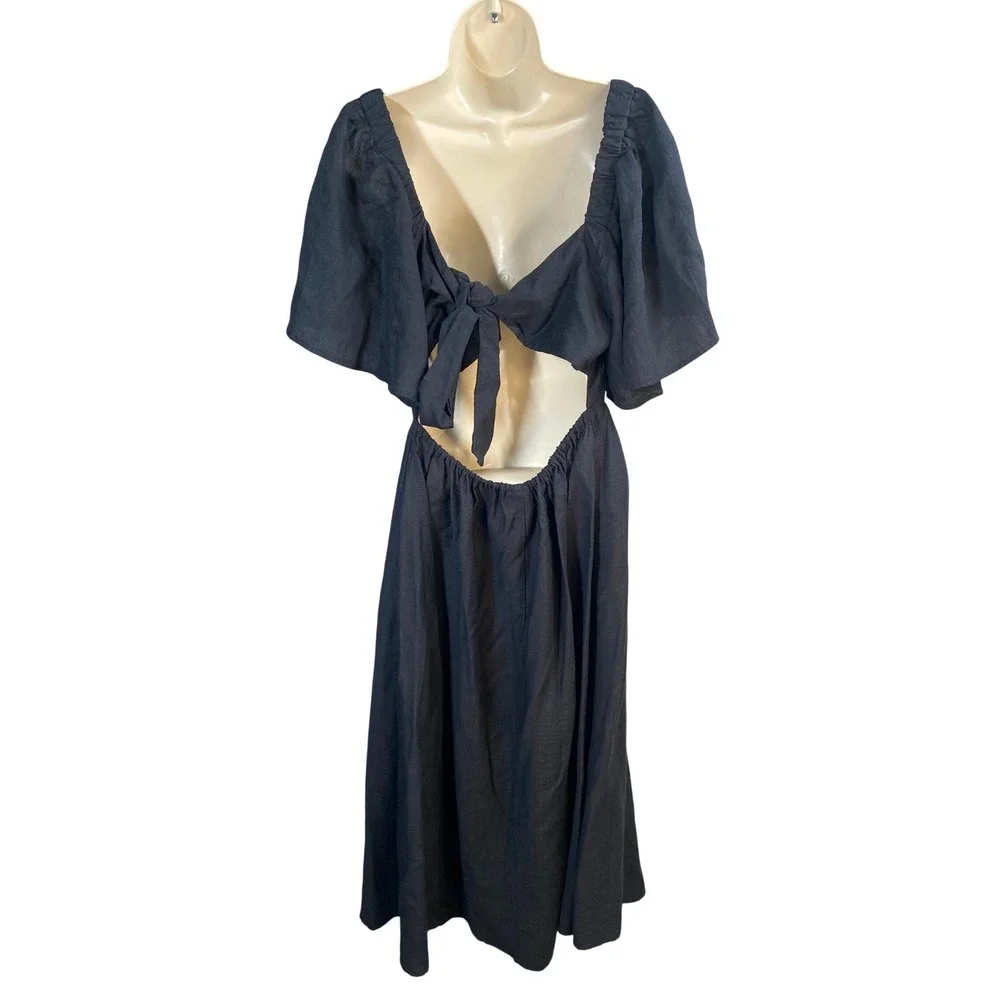 A New Day Midi Dress Womens Medium Black‎ Flutter Sleeve Boho Minimalist Cottage - Picture 3 of 7